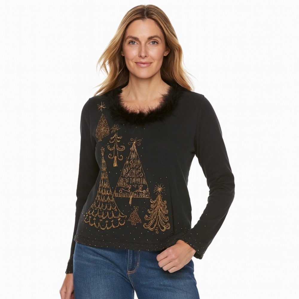 Jack B Quick Shirt Womens Black‎ Christmas Tree Beaded Sequin Feather Trimmed Sm